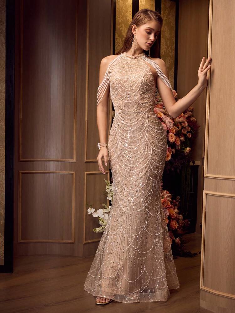 MOTF Soiréza ELEGANT SLEEVELESS STAND COLLAR SPARKLY BEADED FITTED MERMAID MAXI EVENING GOWN WITH FAUX PEARL CHAIN TRIM ON SLEEVES, IDEAL FOR WEDDINGS, GALAS & FORMAL EVENTS FOR WOMEN