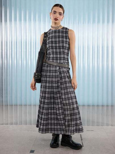 COUREZ 格纹长袖连衣裙 / Y2K 冬季女装外出穿搭连衣裙派对礼服感恩节圣诞节新年性感优雅