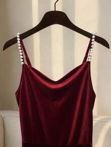 Franclia Women's Elegant Korean Velvet Pearl Decor Camisole A-Line Dress,Burgundy Autumn Party Formal Maroon Dark Red Satin Dresses For Commute & Events - Burgundy - View 3