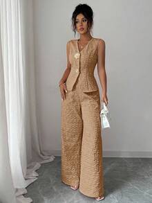 Selianne 女士优雅纹理两件套，粉色，夏季 - 橘色 - 查看 3