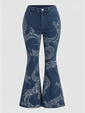 Pantalones vaqueros acampanados de talla grande con estampado completo de estilo grunge punk, pantalones vaqueros casuales, pantalones vaqueros azules lavados de estilo retro casual para la temporada de regreso a la escuela