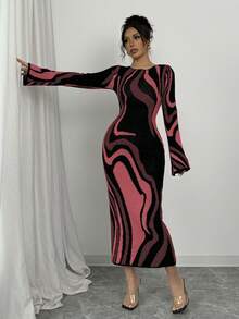 Elenzga Women's Color Block Print Round Neck Long Sleeve Bodycon Midi Dress - Red - View 7