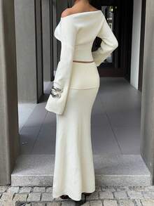 SHEIN EZwear Women Elegant Cream White Off Shoulder Sweater & Long Skirt Two Pieces Outfit,Autumn Tea Party Winter Clothes,Christmas New Year Party Outfits - White - View 2