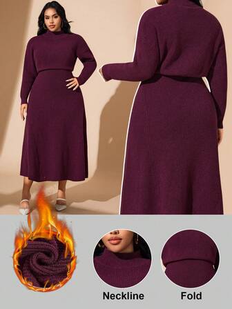 Hourglow Plus Size Elegant Solid Color Knit Midi Dress, Suitable For Commuting, Autumn/Winter, For Hourglass Body Shape