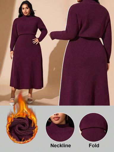 Hourglow Plus Size Elegant Solid Color Knit Midi Dress, Suitable For Commuting, Autumn/Winter, For Hourglass Body Shape