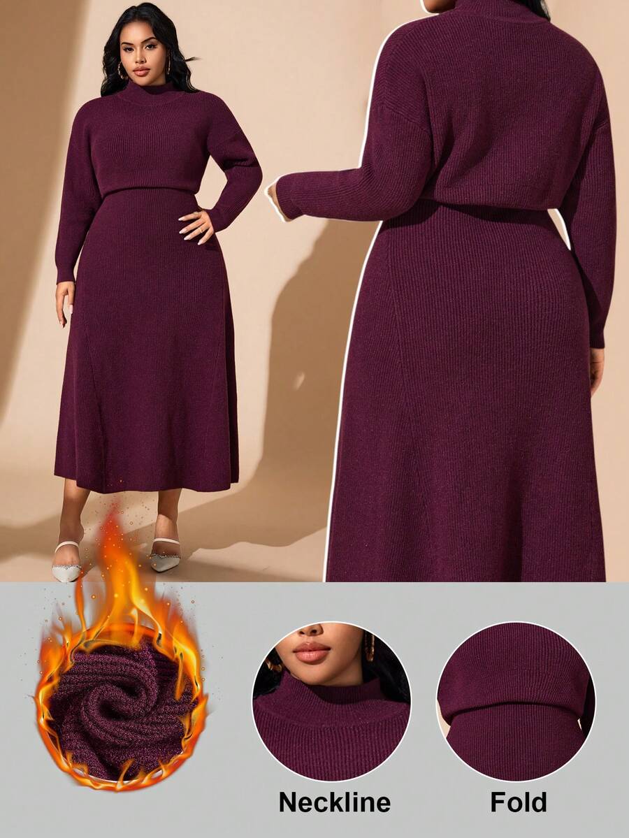 Hourglow Plus Size Elegant Solid Color Knit Midi Dress, Suitable For Commuting, Autumn/Winter, For Hourglass Body Shape - Burgundy - View 1