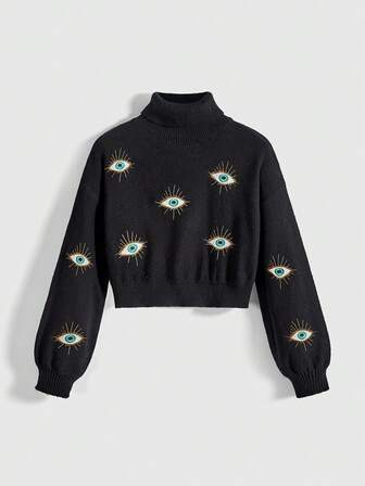 Hippie Pull tricoté vintage à col montant pour femmes avec motif œil brodé