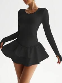 Dewbera 女士夏季运动连衣裙，短袖露背设计，牛奶丝面料带衬里，腰带带口袋，双层裙摆，适合户外运动、瑜伽、健身、网球、跑步 - 黑色 - 查看 3