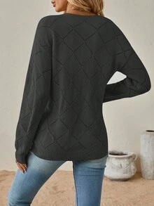SHEIN Clasi 休闲纯色镂空菱形针织毛衣，秋季 - 深灰色 - 查看 2