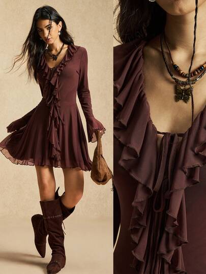 Easelle Gonna midi in rete con volant, colore tinta unita, stile minimalista e casual per donna