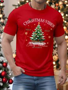 Manfinity Homme Weihnachts-Schneeflocken & Weihnachtsbaum Grafik "Fröhliche Weihnachten" Slogan modischer Lässig Muster Herren Standard Passform Kurzarm T-Shirt, warme Familien-Atmosphäre passend für Eltern-Kind/Paar
