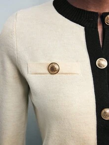 Maija 2025 圆领针织撞色长袖柔软舒适女式基本款开衫，适合初秋返校季女士开衫纽扣开衫薄款开衫金色纽扣开衫经典开衫修身开衫金色纽扣开衫，秋季女士，冬季女士，冬季，夜间外出，外出上衣女士，夜间外出，约会之夜 - 杏色 - 查看 9