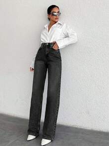 SHEIN Tall 100%Cotton Black High Waist Wide Leg Jeans TALL - Black - View 5