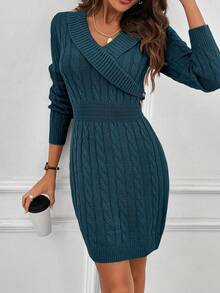 EMERY ROSE Women's Elegant Solid Color Fitted Knit Dress, Autumn/Winter - Teal Blue - View 3