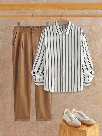 HIMLAND Camisa casual de hombre con botones y estampado de rayas