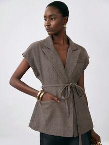 Aveloria Modichic French Style Commuter Chic Fitted Lapel Sleeveless Herringbone Waist Belt Decor Vest