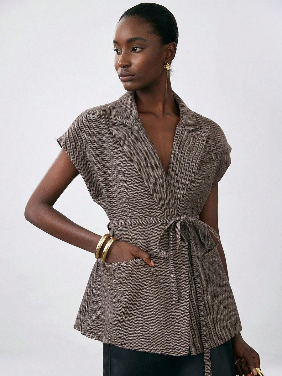 Aveloria Modichic French Style Commuter Chic Fitted Lapel Sleeveless Herringbone Waist Belt Decor Vest