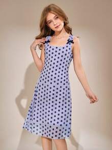 Conjunto de verano para niñas preadolescentes con falda de tela de malla de lunares de doble capa, estilo de princesa dulce, elegante y de moda, adecuado para compras diarias, viajes y vacaciones - Púrpura malva - Ver 6