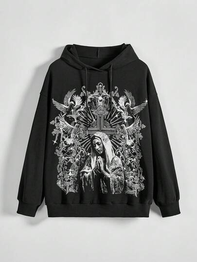 Goth Sudadera con capucha negra de talla grande con estampado de cruz estrellada de iglesia gótica Y2K, sudadera con capucha suelta y casual de talla grande para mujer en otoño/invierno