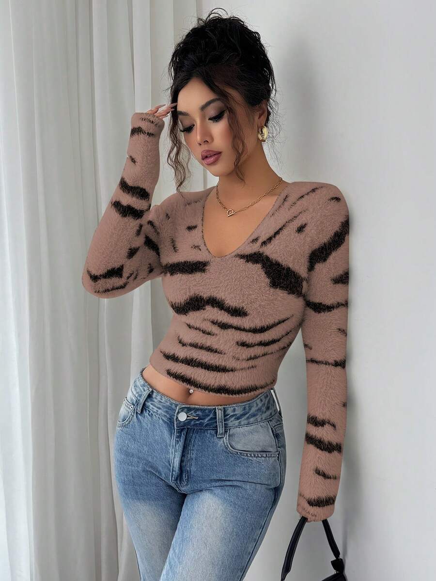 SHEIN Elenzya Women's V-Neck Zebra Jacquard Fitted Sweater - Coffee Brown - View 1