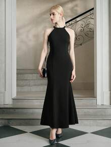 Anewsta Váy hở lưng họa tiết bướm và ngọc trai giả thanh lịch dành cho nữ - màu đen - Xem 4