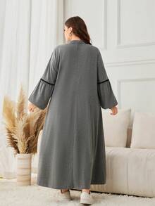 Lacomfia Đầm suông tay đèn lồng cổ đứng họa tiết hoa cỡ lớn màu xám, dáng rộng, thích hợp cho mùa xuân và mùa thu - Màu xám đen - Xem 2