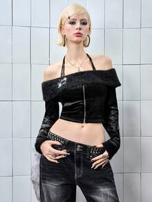 ROMWE Avant Top de mujer con hombros descubiertos, con adornos de strass y textura suave, estilo subcultura Y2K - Negro - Ver 5