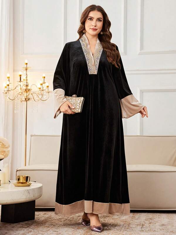 Al Najma Elegantes Farbblock Kleid in Große Größen, würdevoller Kaftan-Maxikleid, geeignet für Abendpartys, Hochzeitsgäste, Jahresteierfeiern, Herbstmode für Frauen