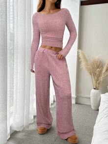 SHEIN EZwear 女士罗纹船领上衣和宽松长裤套装 - 咖啡棕 - 查看 6