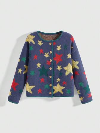 Hippie Damen Rundhals Kontrast Farbiges Fischgrät Fünfzackiger Stern Drop Shoulder Langarm Strickjacke