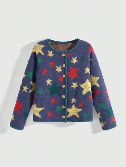 Hippie Women's Round Neck Contrast Color Herringbone Five-Pointed Star Drop Shoulder Long Sleeve Cardigan Sweater