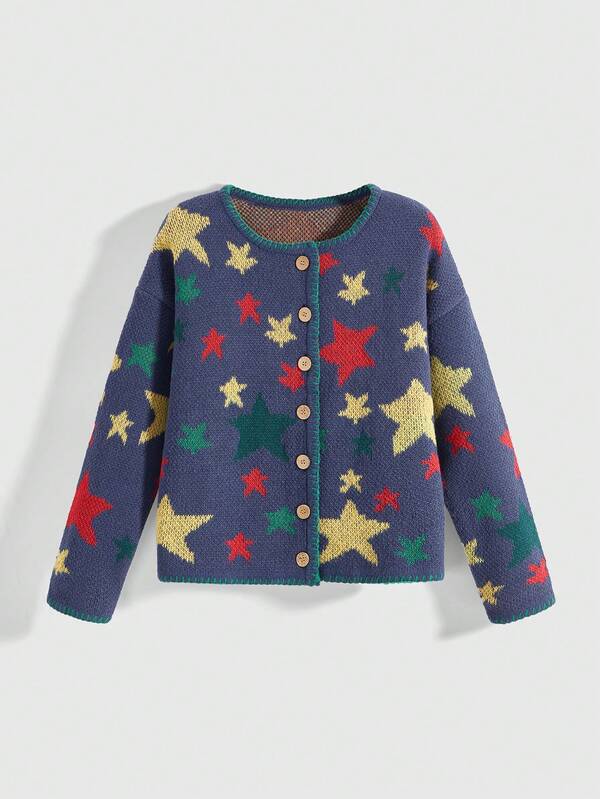 ROMWE Hippie Cárdigan de mujer con cuello redondo, contraste de color, espiga y estrella de cinco puntas, manga larga y hombros caídos