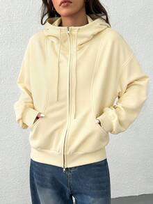 SHEIN EZwear 女士前拉链长袖口袋卫衣，简约休闲，适合毕业、教师、秋冬返校季穿着。 - 杏色 - 查看 4