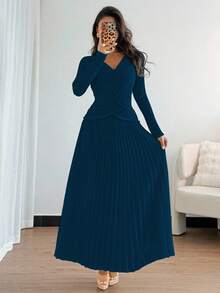 Rafferiza Women's Elegant V-Neck Decorative Button Solid Color Cross Pleated Hem Dress - Blue - View 6