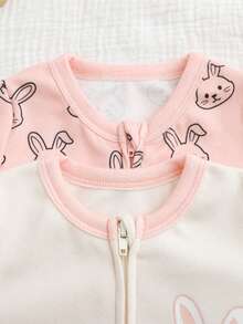 Cozy Pixies 新生女宝宝卡通兔子图案针织柔软圆领长袖连体衣及脚套两件套 - 粉色 - 查看 8