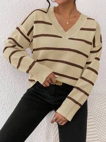 SHEIN Frenchy V领条纹落肩毛衣 - 卡其色 - 查看 7