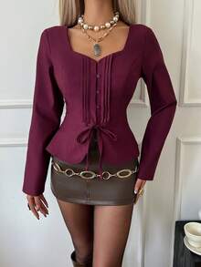 Siren Gaze 2025 Nuova Blusa casual da donna a tinta unita con pieghe, fiocco e bottoni, adatta per San Valentino e Capodanno, colore rosso o bordeaux. Nuova Blusa casual a tinta unita con collo a cuore, maniche lunghe e vita annodata, adatta per Natale e Capodanno - Viola rosso - Visualizzare 3