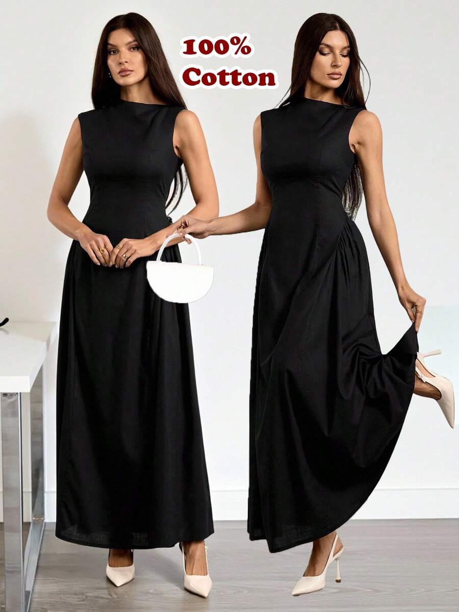 SHEIN Tall 女士金属装饰拉链长裙，夏季新品 - 黑色 - 查看 1