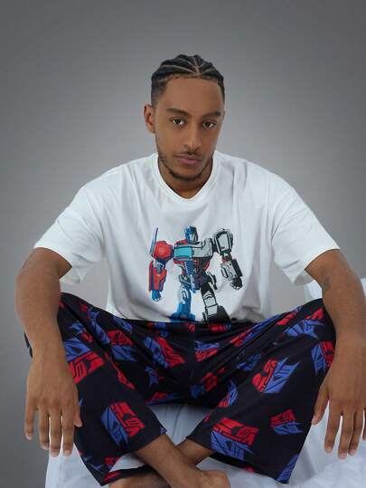 Transformers X SHEIN 男士机器人图案圆领短袖上衣和裤子家居服套装