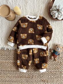 SHEIN Baby Boy Cute Bear Pattern All-Over Print Fleece Sweatshirt 2 Pieces Set, Autumn/Winter - Multicolor - View 1