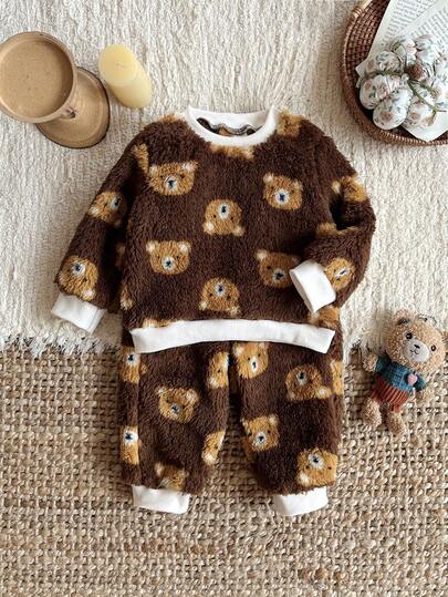 2pcs Baby Boy Cute Bear Print Plush Sweatshirt Set, Autumn/Winter Homewear
