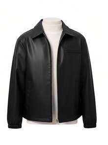 Tween Boys' Casual Everyday Versatile Comfortable Turndown Collar PU Zip-Up Loose Long Sleeve Leather Jacket Casual Jacket Black Jacket Zip Up Jacket