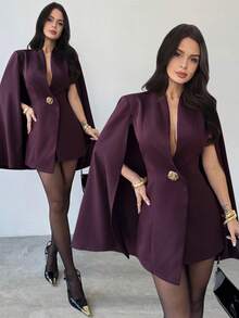 Firerie Women's Elegant Burgundy Autumn Cloak Metallic Poncho Flare Sleeve Vintage Velvet Coat,Party Night Date Christmas New Year Wine Red Dress - Burgundy - View 2