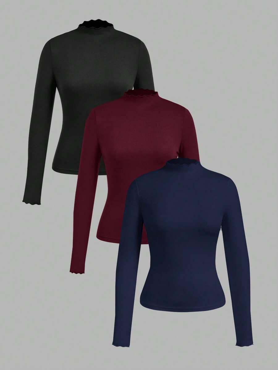 SHEIN EZwear Bộ 3 áo thun tay dài bó sát, phong cách tối giản, thường ngày, mùa thu/đông - Nhiều màu - Xem 1