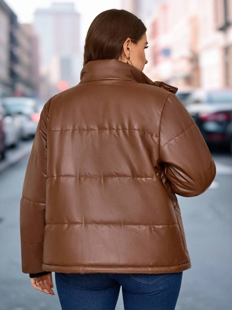 Plus Size Women Winter Country Casual   Warm Brown Stand Collar PU Padded Coat,Winter,Going Out Outfits,2025 New Clothes,Simple And Fashionable For Everyday Wear