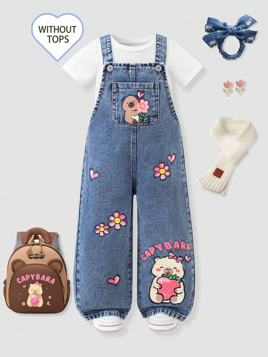 Young Girls Cartoon Printed Denim Bib Pants And Jumpsuit, Loose Straight Leg Overalls, Cute And Casual Style Recommended! Classic Washed Blue Denim Fabric, Cartoon Print Pattern, High Waist Elastic Waistband + Fake Chain Decor, Easy To Wear And Take Off, Straight Leg Design Flatters The Legs. - Medium Wash - View 1