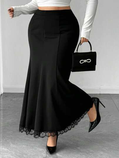 Elenzga 大码女式高腰弹力蕾丝拼接美人鱼裙，优雅黑色，新年款