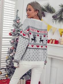 EMERY ROSE Christmas Casual Reindeer & Heart Pattern Sweater, Autumn/Winter - White - View 2