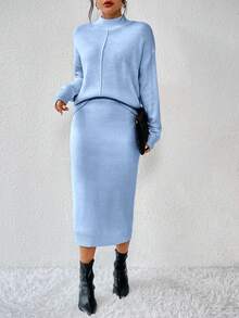EMERY ROSE Women's Solid Color Stand Collar Drop Shoulder Long Sleeve Sweater And Knitted A-Line Skirt 2-Piece Set, Casual For Autumn/Winter - Baby Blue - View 4
