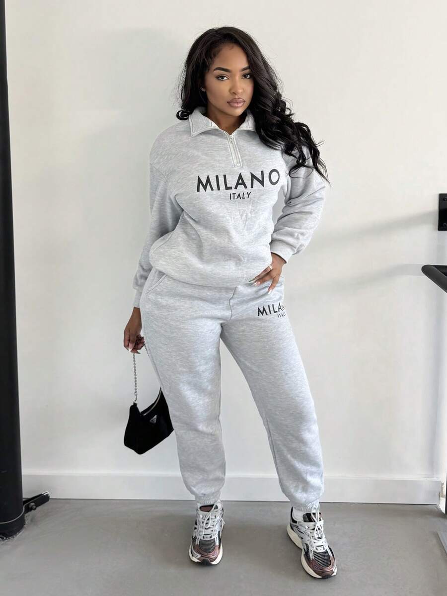 Alexandranx Ensemble femme casual avec sweatshirt en molleton à col montant, demi-zip et manches longues lâches, et pantalon de survêtement long. Convient pour l'automne/l'hiver